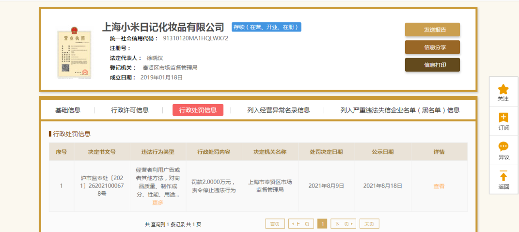上海小米日记化妆品被罚2万-广告人干货库